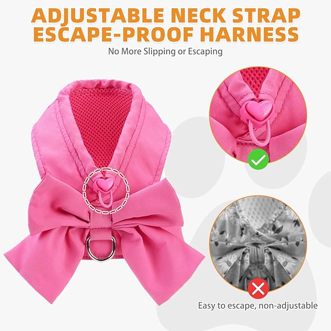 KOOLTAIL Small Dog Harness and Leash Set, Cute Puppy Vest Harnesses with Bowtie for Girl Outfit, Step in No Pull Soft Mesh Padded Adjustable Pet Harness for Extra-Samll Medium Dogs Cats, XS S, Pink M