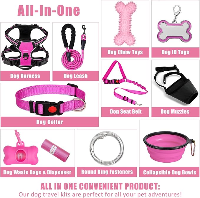 No Pull Dog Harness Adjustable Collar & Leash Set - Dog Halter Harnesses Collapsible Bowls & Poop Bag Dispenser Muzzle ID Tags Toys Fits Small Medium Large Dogs (Pink-M)