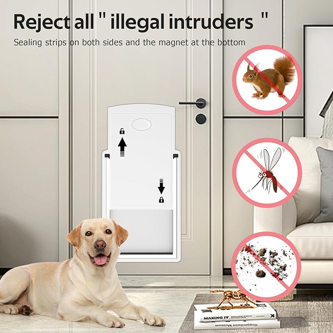 [MAVRICTECH] Large Dog Door for Door - Dog Door for Exterior Door with Telescoping Tunnel, Steel Frame, Magnetic Double Flaps, 2 Sliding Locks, Weatherproof, Fits Pets Up to 110LBS, White