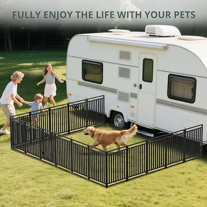Dog Fence Outdoor Indoor, 47 Inches Height 08 Panels(1gate & 7panels) Dog Playpen for Large/Medium/Small Dogs Metal Dog Pen for Yard Camping and RV [Black-Silver]