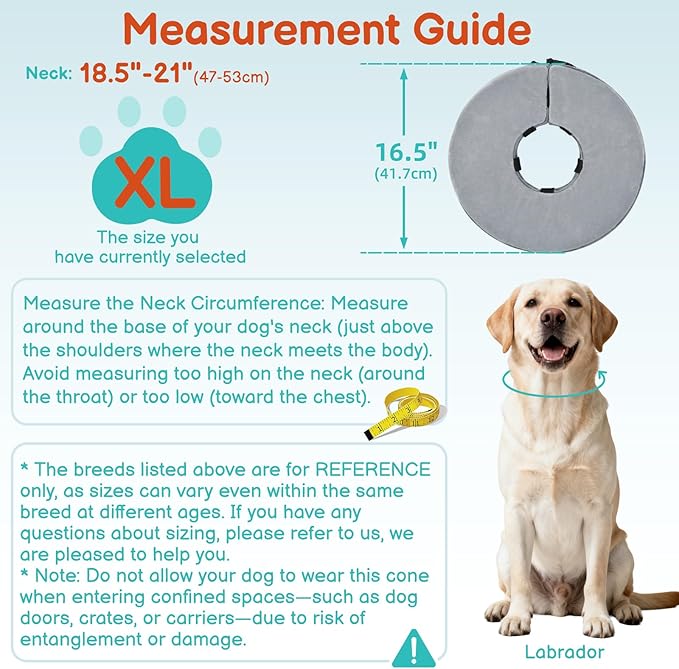 Sponge Dog Cone After Surgery, No Inflation Required Dog Donut Collar to Stop Licking, Inflatable Cone Alternatives for Large Pets, Soft Recovery Collar with Protective Shield (Grey, XL)