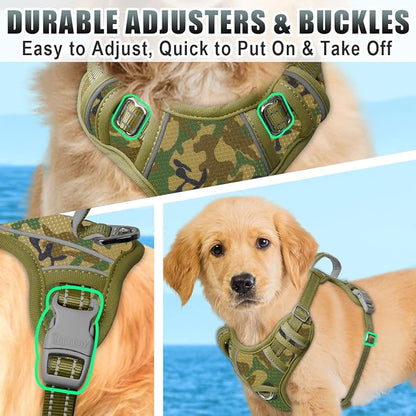 BARKBAY No Pull Dog Harness Large Reflective Dog Harness with Front Clip and Easy Control Handle for Walking Training Running with ID tag Pocket(Camo,XS)