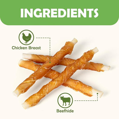 MON2SUN Dog Treats, Rawhide Twist Chicken Hide Sticks, Suitable for Puppy and Small Dogs, 5 Inch (Chicken, 14.11 oz)