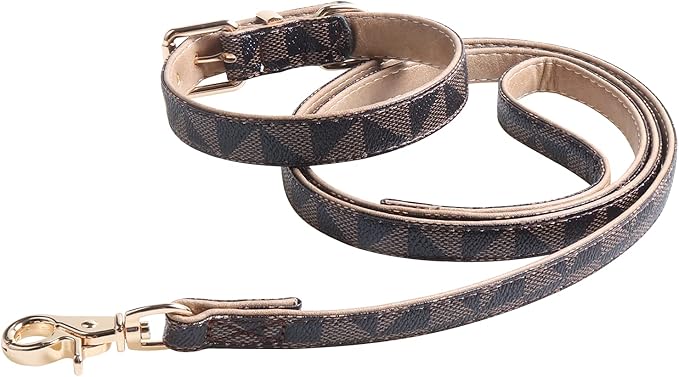 Dog Leather Collar and 4 ft Leash, KUDES Adjustable Basic Collar with Bell Checkered Pattern Durable Leather Collar and Leash with Metal Buckle for Small Medium Large Dogs