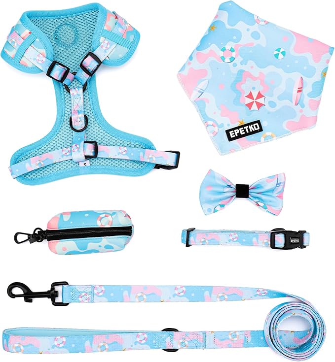 Small Dog Harness and Leash Set of 6, No Pull Soft Lightweight Mesh Puppy Harness， Adjustable Cute Floral Pattern Pet Harness for Small Medium Dogs (Blue Sea, S)