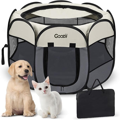 Goozii Pet Cat Playpen for Indoor Cats Enclosed, Puppy Dog Play Pen for Outdoor Travel Camping (Large Size, Beige & Dark Grey)