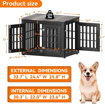 Snuowu 32" Heavy Duty Dog Crate Furniture for Small,Medium and Large Dogs,Rustic Wooden Dog Cage Kennel Indoor Furniture with Waterproof Top,Decorative Pet House Side End Table (Black & Grey)