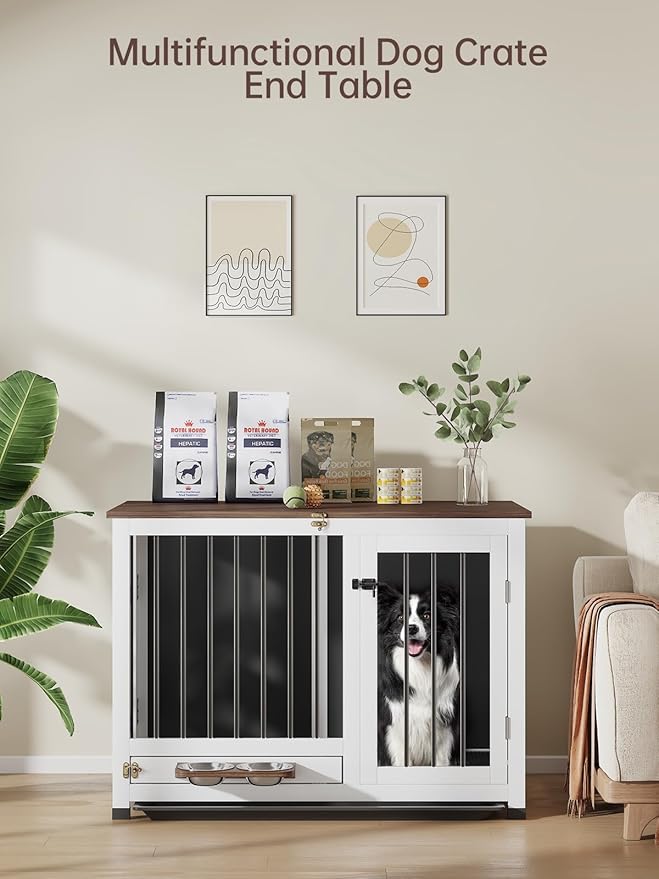 39.4" Dog Crate Furniture - Sturdy Dog Kennel with 360° Rotating Feeder & Removable Tray, Wooden End Table for Living Room, Dog Cage for Small & Medium, White