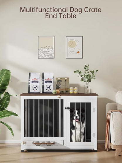 39.4" Dog Crate Furniture - Sturdy Dog Kennel with 360° Rotating Feeder & Removable Tray, Wooden End Table for Living Room, Dog Cage for Small & Medium, White