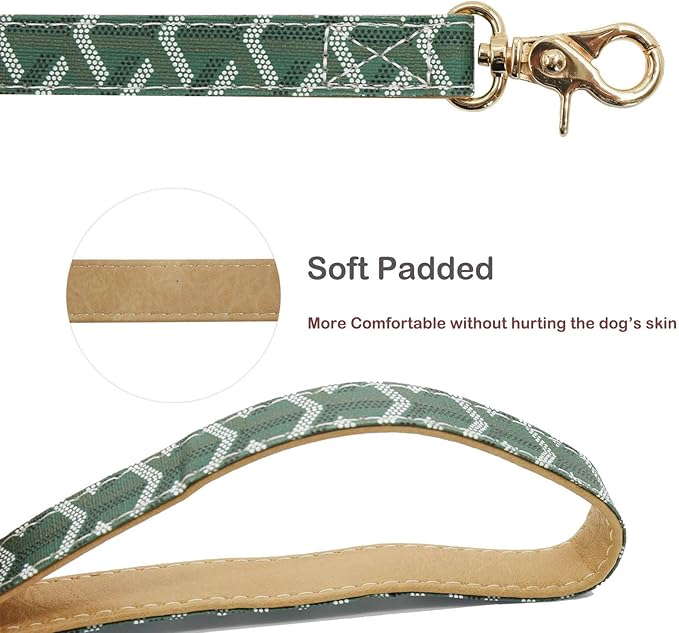 Leather Dog Collar and Leash Set, Check Pattern Dog Collar Leashes Metal Buckle Adjustable Durable for Small Medium Large Dogs (Green, M(11.8-15IN))