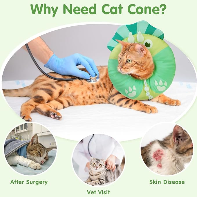 BEAUTYZOO Cat Cone Collar Soft, Cat Donut Recovery Collar After Surgery to Stop Licking, Kitten E Collars Neck Pillow Cone, Adjustable Elizabeth Pet Collars for Puppy Small Dogs, Green Triceratops S