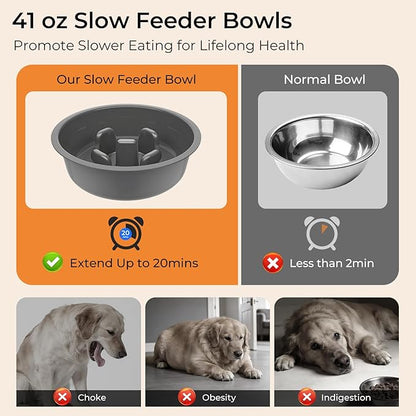 URPOWER Mess Proof Elevated Dog Bowls 4 Height Adjustable Raised Stand with No Spill Water Bowl and Slow Feeder Dog Bowls Non-Slip Food and Water Bowl Set for Small, Medium & Large Dogs