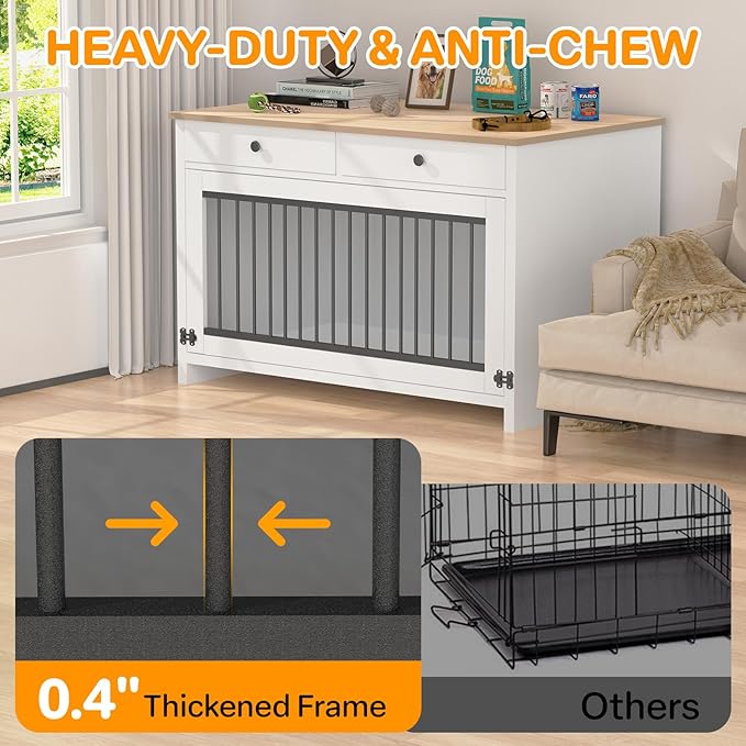 40" Dog Crate Furniture with 2 Large Storage Drawers, Wooden Dog Kennel End Table for Medium & Small Dogs, Decorative Indoor Pet Crate Sideboard with Heavy Duty Metal Bars & Secure Lock, White