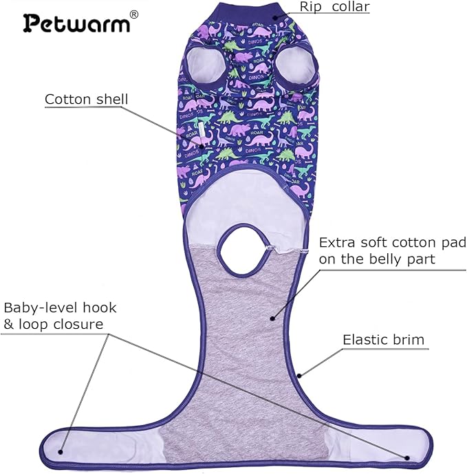 PetWarm Surgery Recovery Suit Female Spay, Onesies for Dogs, Dog Cone Alternative After Surgery Substitute E-Collar and Cone Prevent Dog Onesies Pet Recovery Suit, Dinosaur Pattern, Blue Purple, XS