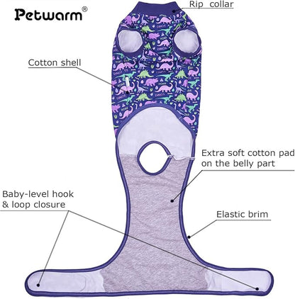 PetWarm Surgery Recovery Suit Female Spay, Onesies for Dogs, Dog Cone Alternative After Surgery Substitute E-Collar and Cone Prevent Dog Onesies Pet Recovery Suit, Dinosaur Pattern, Blue Purple, XS