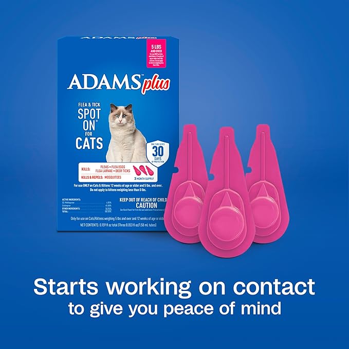 ADAMS Plus Flea and Tick Prevention Spot On for Cats, Kills Fleas & Ticks (Brown Dog/Deer Ticks), Kills and Repels Mosquitoes, Prevents Flea Infestations, 3-Month Supply, 3 Pack