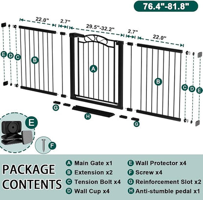 Fairy Baby 76.4"-81.8" Extra Wide Baby Gate for Stairs Doorways, Pressure Mount Pet Gate Auto Close Safety Child Gate, Long Large Dog Gate Indoor for House, 77 78 79 80 81 Inches Wide, Black