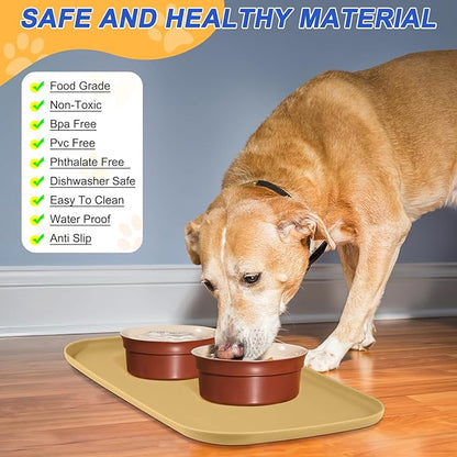 SMILOOL Silicone Pet Feeding Mat with Raised Edge for Food and Water, Dog Bowl Mats, Cat Bowls Placemat with High Lip for Floor Waterproof, Rubber Tray for Cats and Dogs 22 x 14 x0.8 Dark Beige