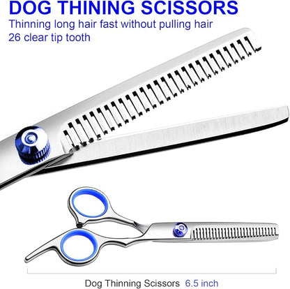 FAIGEO Professional Dog Grooming Scissors Kit, Titanium Coated Dog Scissors for Grooming, Grooming Shears Kit - Thinning, Curved Scissors and Comb for Dog Cat Pet (Blue 4 in 1)