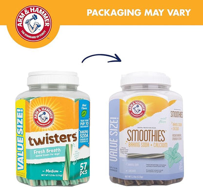 Arm & Hammer for Pets Smoothies Dental Treats for Dogs with Baking Soda and Calcium, Treat Chews Help Fight Bad Breath, Plaque & Tartar without Brushing, Mint, 57 Pcs (Packaging may vary)