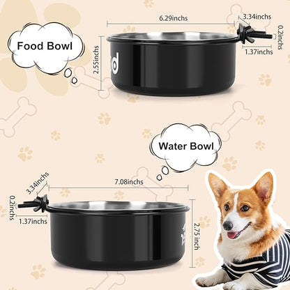 Crate Water Bowl No Spill for Large Dogs, Removable Stainless Steel Dog Bowls for Food and Water, Dog Kennel Hanging Wet and Dry Food Feeder for Medium/Large Pets, (7.1"x2.6" & 6.3"*2.6", Black)