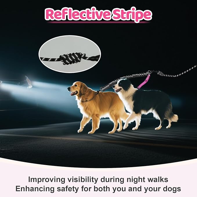 Double Dog Leash - 360°Swivel Tangle Free Splitter Attachment, 2 Dogs Multi-Functional Leashes, Dual Rope for Outdoor Walk Train Small Medium Large Two Pet, Fuchsia