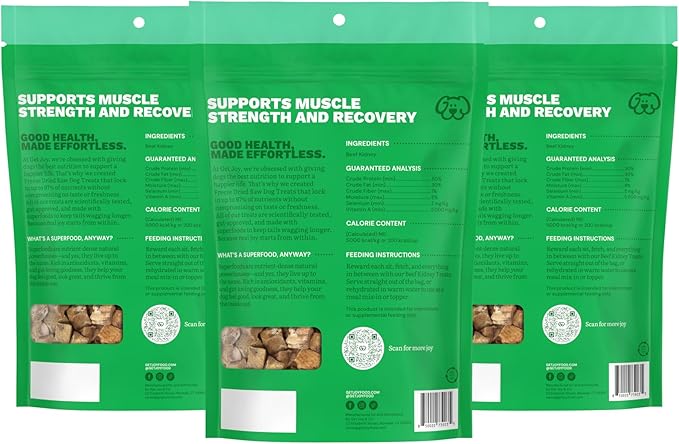 Get Joy Freeze Dried Dog Treat, 100% Beef Kidney, 4 Ounce Bag (Pack of 3), Single Ingredient Organ Meat, High Protein, Immune Health, Muscle Repair, Grain Free, Gluten Free, Made in USA