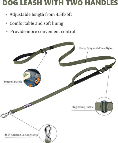 Hotsky Double Handle Dog Leash for Large Medium and Small Breed Dogs that Pull,Adjustable Nylon Heavy Duty Dog Leash with Car Seat Belt for Walking and Training,ArmyGreen,4.5-6 FT