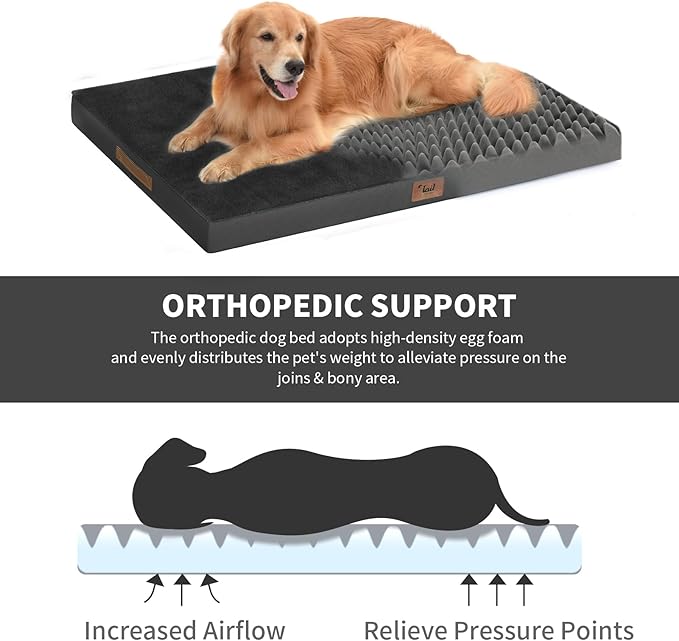 Orthopedic Dog Bed for Extra Large Dogs, XL Comfort Pet Mat for Large Sized Dog 44x32 Inch, Egg Crate Foam with Removable Washable Oxford Cover, Black