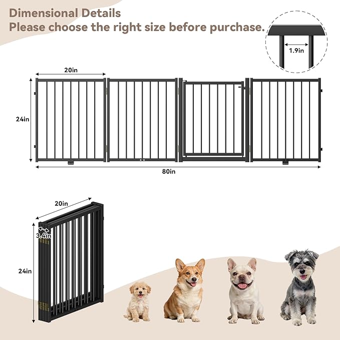 SNUOWU Full Metal Freestanding Dog Gate with Door, 24'' Height Foldable Pet Dog Fence for Indoor & Outdoor, 4 Panels Extra Wide Free Standing SmallDog Gates for Doorways,House,Stairs,Porch,Deck,Yard