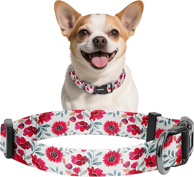 Kazazoo Dog Collar Cute and Soft Nylon Puppy Collar for Boy and Girl, Adjustable Dog Collars for Small Medium Dogs, Red Flowers-XS