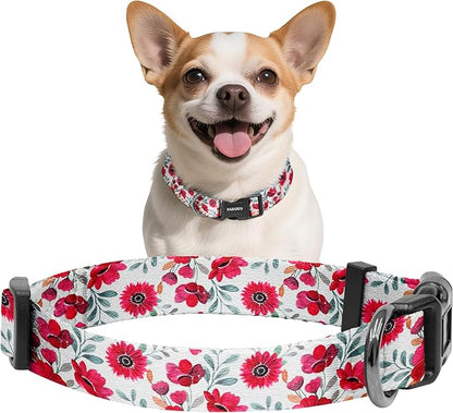 Kazazoo Dog Collar Cute and Soft Nylon Puppy Collar for Boy and Girl, Adjustable Dog Collars for Small Medium Dogs, Red Flowers-XS