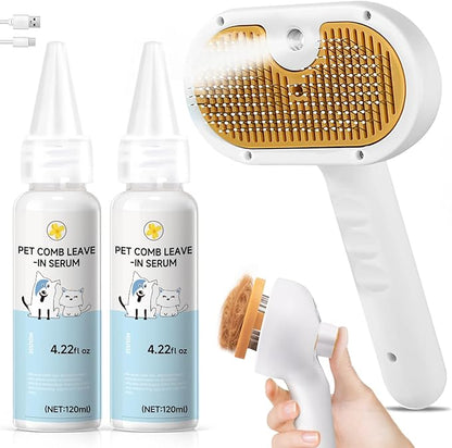 Pet Steam Brush for Dog & Cat – 3-in-1 Spray Hair Removal Comb for Shedding & Grooming, Softens Fur & Reduces Static – Water Brush for Long & Short Coats, Bath-Hating Pets, Includes Waterless Shampoo