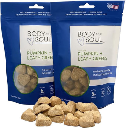 Body and Soul Pumpkin + Leafy Greens Crunchy Premium Training Dog Treat Superfood Oven Baked Biscuits Oats Barley & Quinoa - Clean Natural Plant Protein, No Additives No Fillers Made in USA 2Pk (20oz)