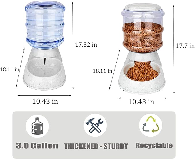 Old Tjikko Automatic Feeder and Water Dispenser in Set,Gravity Food Feeder and Waterer with Pet Food Mat,Large, 3 Gallonx 2, Gray (Water and Food Dispenser Set)