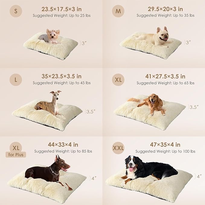 EHEYCIGA Fluffy Dog Crate Bed for Large Dogs, Plush Faux Fur Crate Pad, Calming Anti Anxiety Large Dog Bed, Washable Soft Warm Mat with Non-Slip Bottom, Ivory Beige