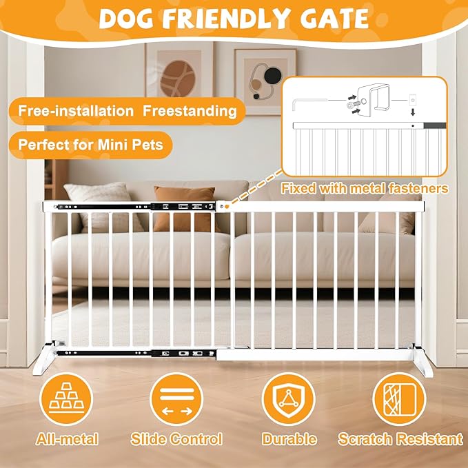 White Metal Dog Gate for Small Dogs - 17.7" Short Freestanding Puppy Gate with Retractable Sliding Rail, No Installation, Indoor/Outdoor Use, Foldable & Portable Pet Barrier