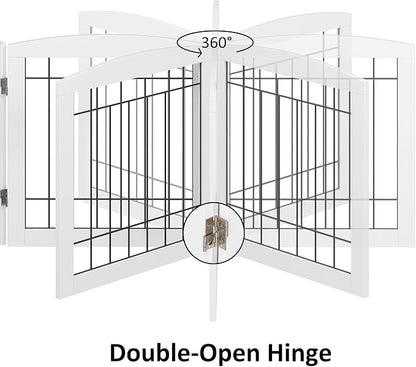 PAWLAND Free Standing Dog Gates for The House Stairs Doorways Indoor Foldable Wooden Small White Puppy Pet Gate Step Over Fence 60" W 24" H 3 Panels
