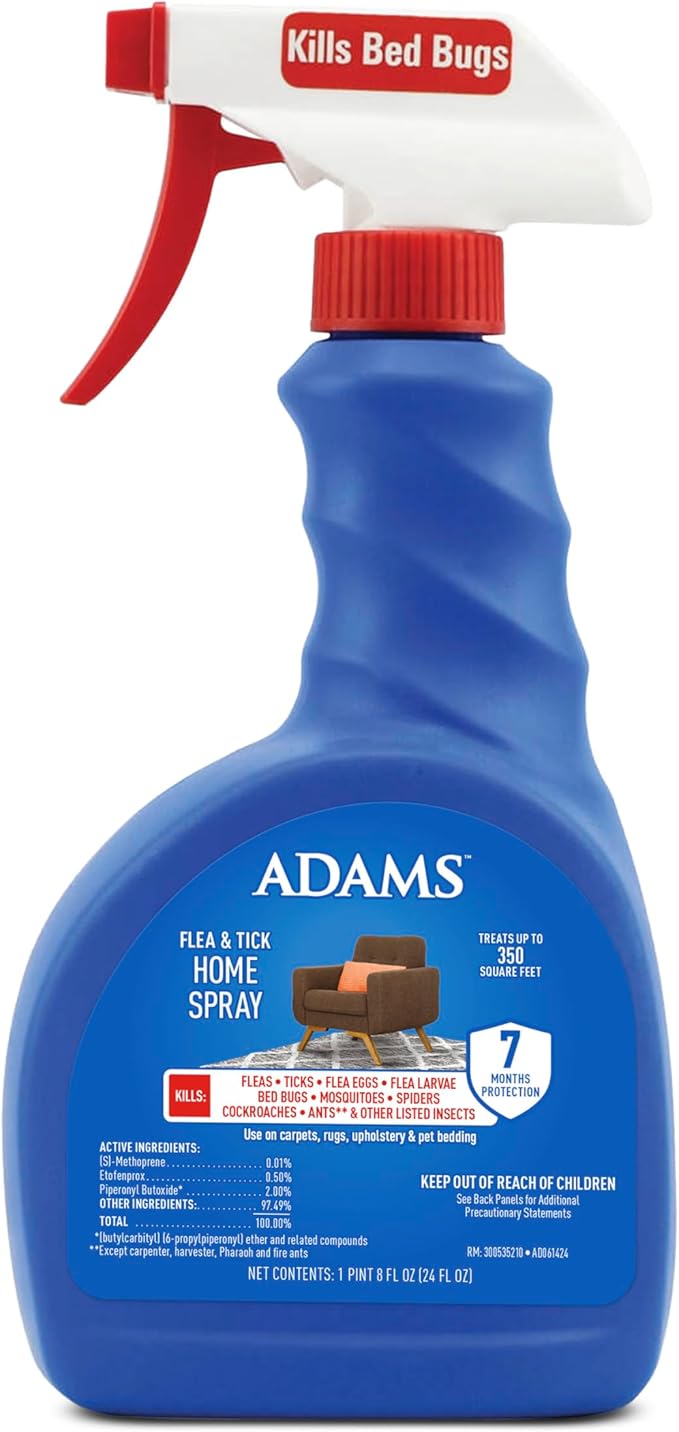 ADAMS Flea & Tick Home Spray for Indoor House Treatment, Kills Bed Bugs, Fleas, & Ticks, for Carpet, Furniture & Pet Bedding, Controls Fleas, Ticks, Bed Bugs, Cockroaches, Spiders & Mosquitoes, 24 oz