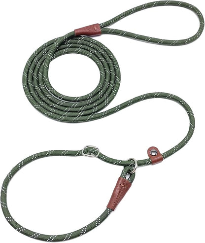 WYUZE 8 ft Slip Lead Dog Leash, Reflective No Pull Dog Training Lead, 1/3" Nylon Rope Slip Control Leash for Small Medium Dogs, Olive