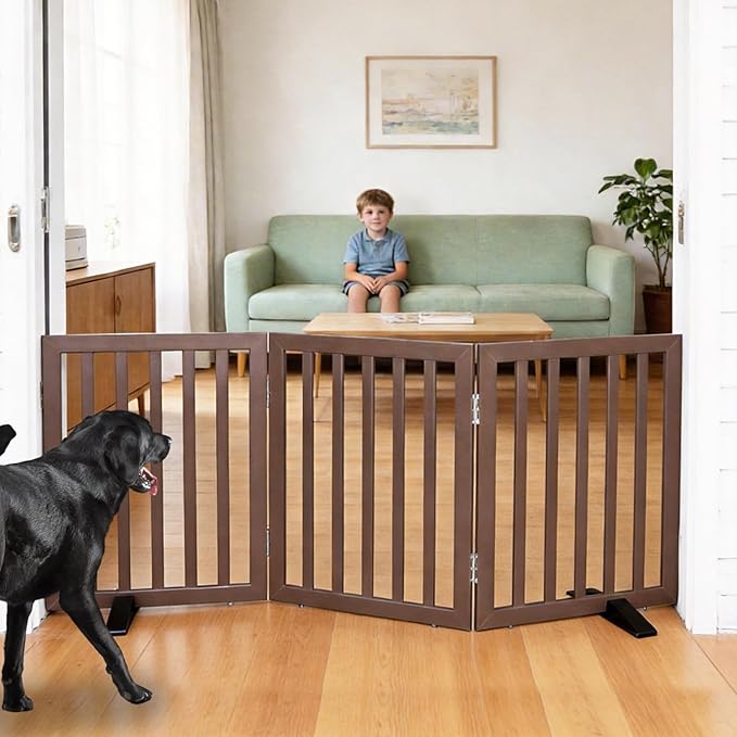 ZJSF Freestanding Indoor Dog Gate for House Foldable Wood Puppy Gate for Doorways Pet Gate for Stairs Extra Wide Pet Fence, Brown, 24" Height 3 Panels