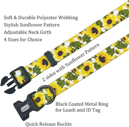 Dog Collar Leash Set, Floral Pattern, 5ft Matching Leash, Polyester Material, 4 for Small Medium Large Dogs.(M, Sunflower)