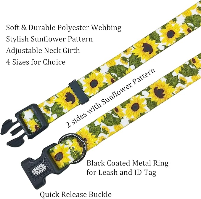 Dog Collar Leash Set, Floral Pattern, 5ft Matching Leash, Polyester Material, 4 for Small Medium Large Dogs.(S, Sunflower)