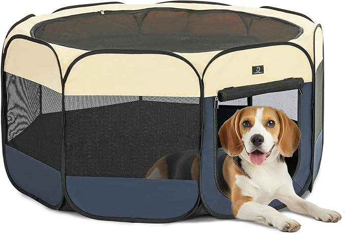 Dog Playpen for Small Dogs & Puppies, 50.39" Portable Indoor Outdoor Puppy Playpen with Bowl, Waterproof Floor, Foldable Pop-Up Pet Pen for Home, Travel & Daily Use, Blue+Beige