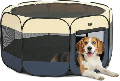 Dog Playpen for Small Dogs & Puppies, 50.39" Portable Indoor Outdoor Puppy Playpen with Bowl, Waterproof Floor, Foldable Pop-Up Pet Pen for Home, Travel & Daily Use, Blue+Beige