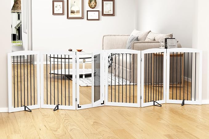 PUPETPO Freestanding Pet Gate with Door, Tall Dog Gate for House, Extra Wide, Pet Puppy Safety Fence, Support Feet Included, 120 Inch Wide, 6 Panels 32" Tall, White & Black