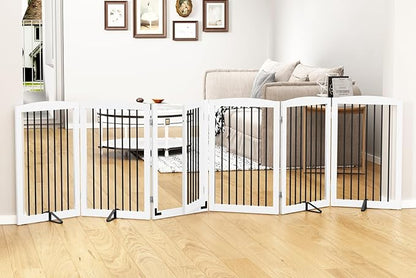 PUPETPO Freestanding Pet Gate with Door, Tall Dog Gate for House, Extra Wide, Pet Puppy Safety Fence, Support Feet Included, 120 Inch Wide, 6 Panels 32" Tall, White & Black