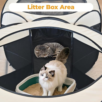 EighteenTek® 2-in-1 Pop Up Cat Playpen, Assembly-Free Dog Puppy Pet Playpen, Indoor Outdoor Cats Enclosed, Cat Tent House Crate Cage, Portable & Foldable Playpen for Kittens(No Divider, Unified Space)