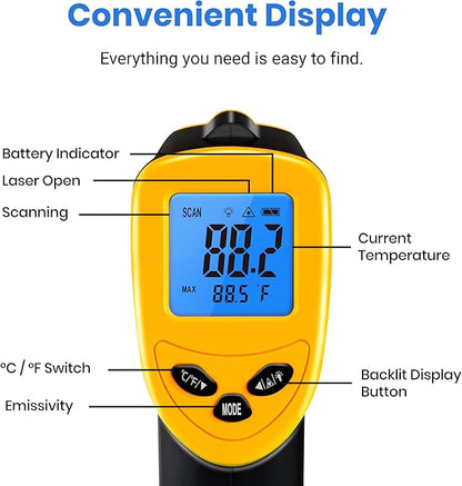 Etekcity Infrared Thermometer Laser Temperature Gun 1080, -58°F~ 1130°F for Meat Food Candy Pizza Oven, Heat Gun for Cooking, Kitchen, Fridge, Reptile, BBQ, HAVC, Adjustable Emissivity & Max Measure
