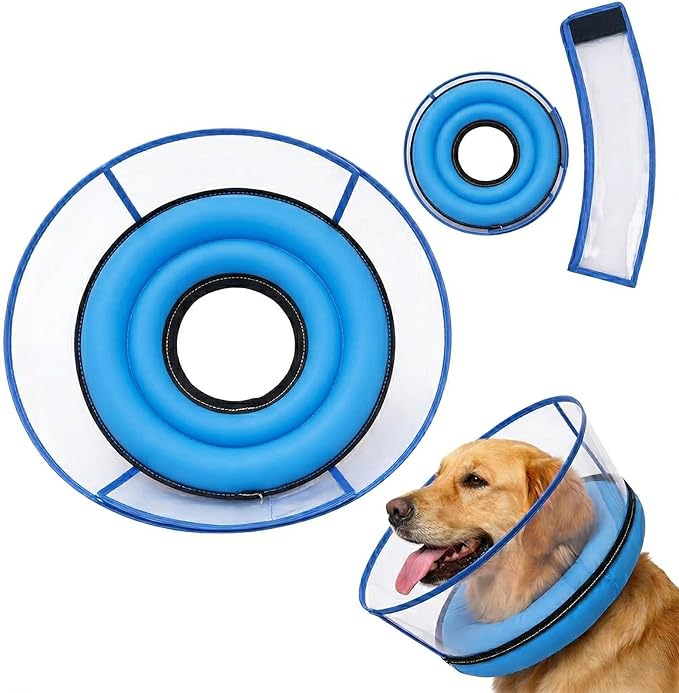 2-in-1 Soft Inflatable Dog Cone Collar Alternative with Enhanced Anti-Licking Guard Shield, Dog Collar After Surgery, Adjustable Recovery Cones for Large Medium Small Dogs and Cats(Blue, XL)